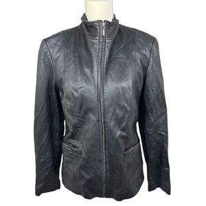 JLC New York black leather jacket, size Medium, lined, moto, pockets, zipper